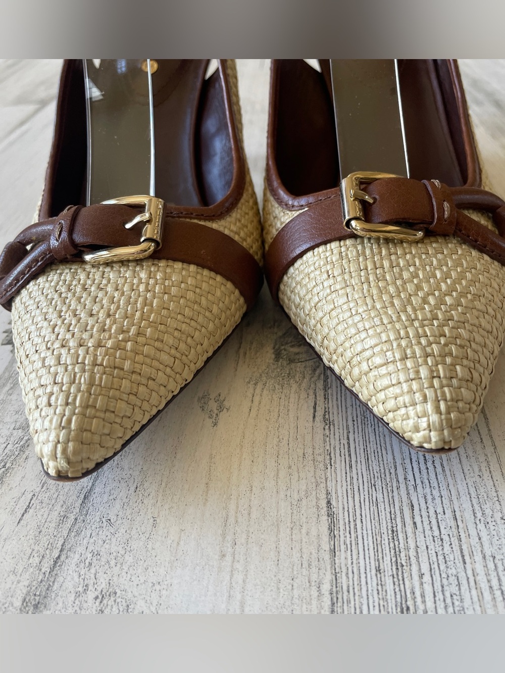 Celine Slingback Heels Brown Leather & Raffia Straw Pointed-Toe SZ 40.5 C US 9.5 - Picture 4 of 14